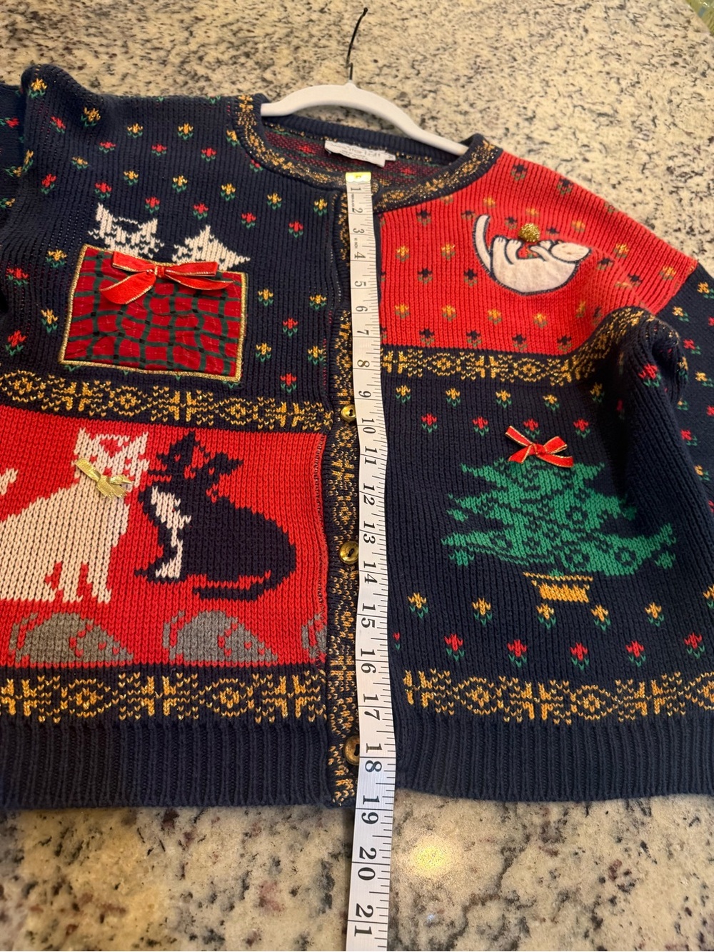 Vintage Sweater Loft Christmas Navy & Red Cat Patchwork Cardigan Sweater - Picture 10 of 10